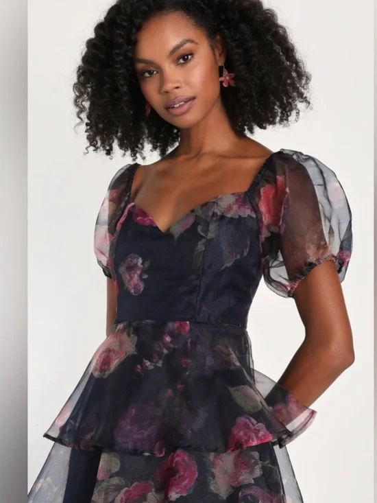 Lulus Oh-So Stunning Navy Blue Floral Organza Tiered Midi Dress Size Large - Picture 2 of 6